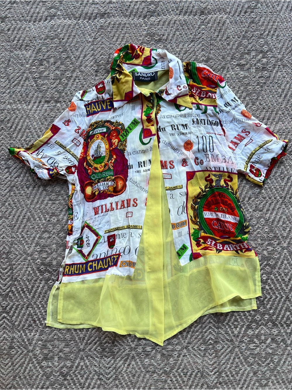 Sandro Paris Graphic Print Sheer Button Front Blouse Yellow Hem Small Elton
